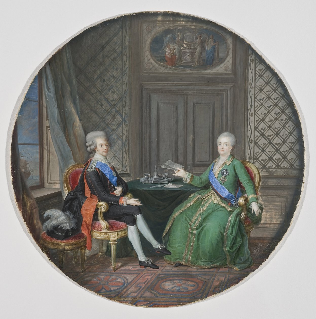 Gustave III de suède (1746-1792) et Catherine II de Russie (1729-1796) a Fredrikshamn (actuelle Hamina, Finlande) - Kung Gustav III av Sverige och Katarina II av Ryssland i Fredrikshamn, av Hoyer, Cornelius (1741-1804) . Akvarell på pergament av Cornelius Hoyer
