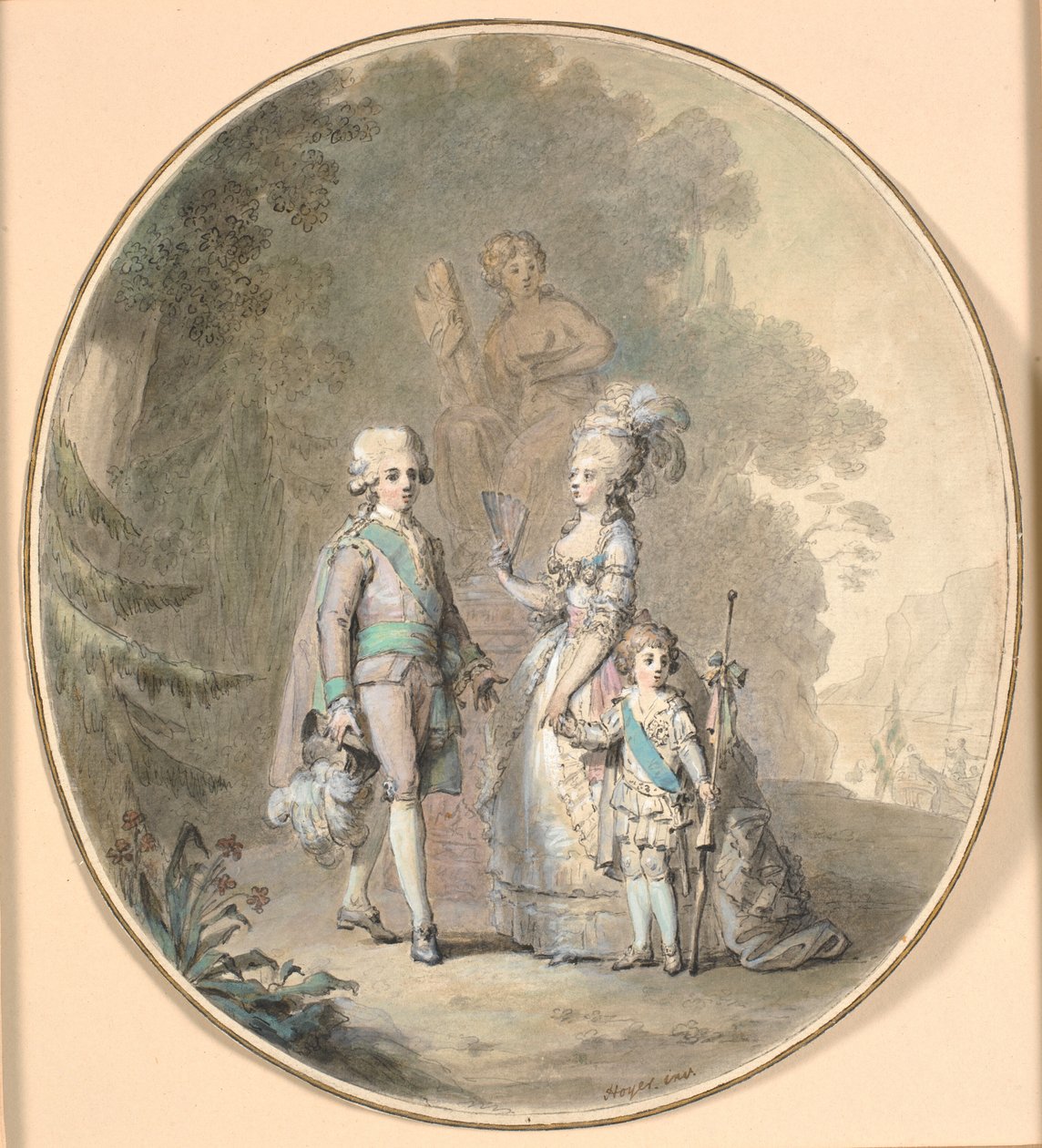Gustav III, drottning Sophie Magdalena och kronprins Gustav Adolph strosar i Hagaparken. av Cornelius Høyer