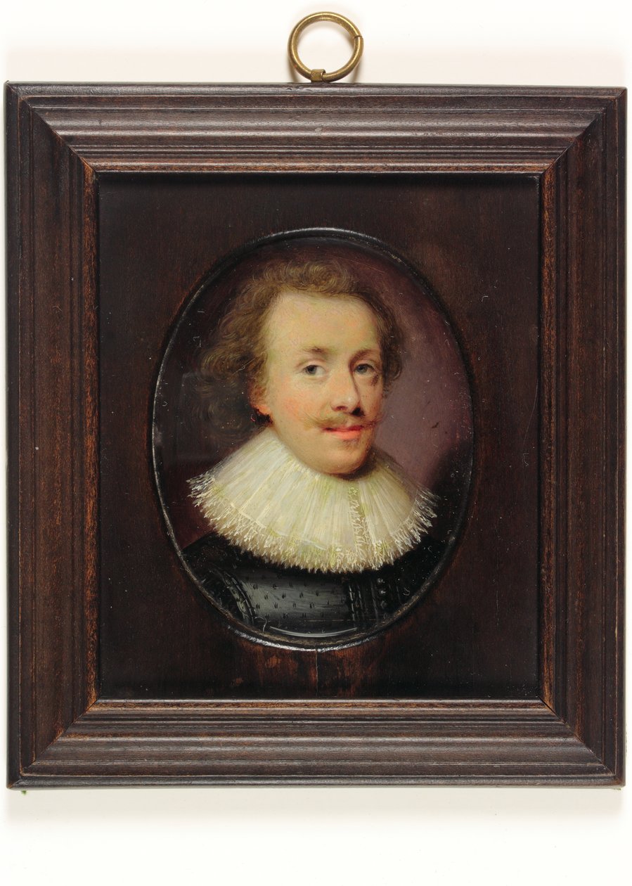 En gentleman, i svart figurerad dubblett med fallande spetskantad ruff (akvarell på veläng) av Cornelius I (attr.to) Johnson