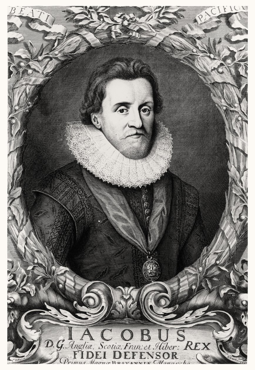 Porträtt av James I, kung av Storbritannien, graverat av R.White, 1669 av Cornelius I after Johnson
