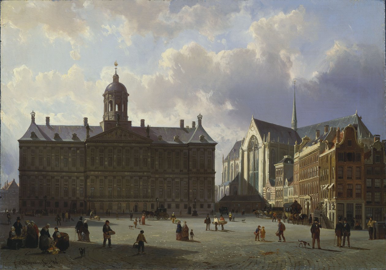 Dam-torget med det kungliga palatset, Amsterdam, 1855 av Cornelis Springer