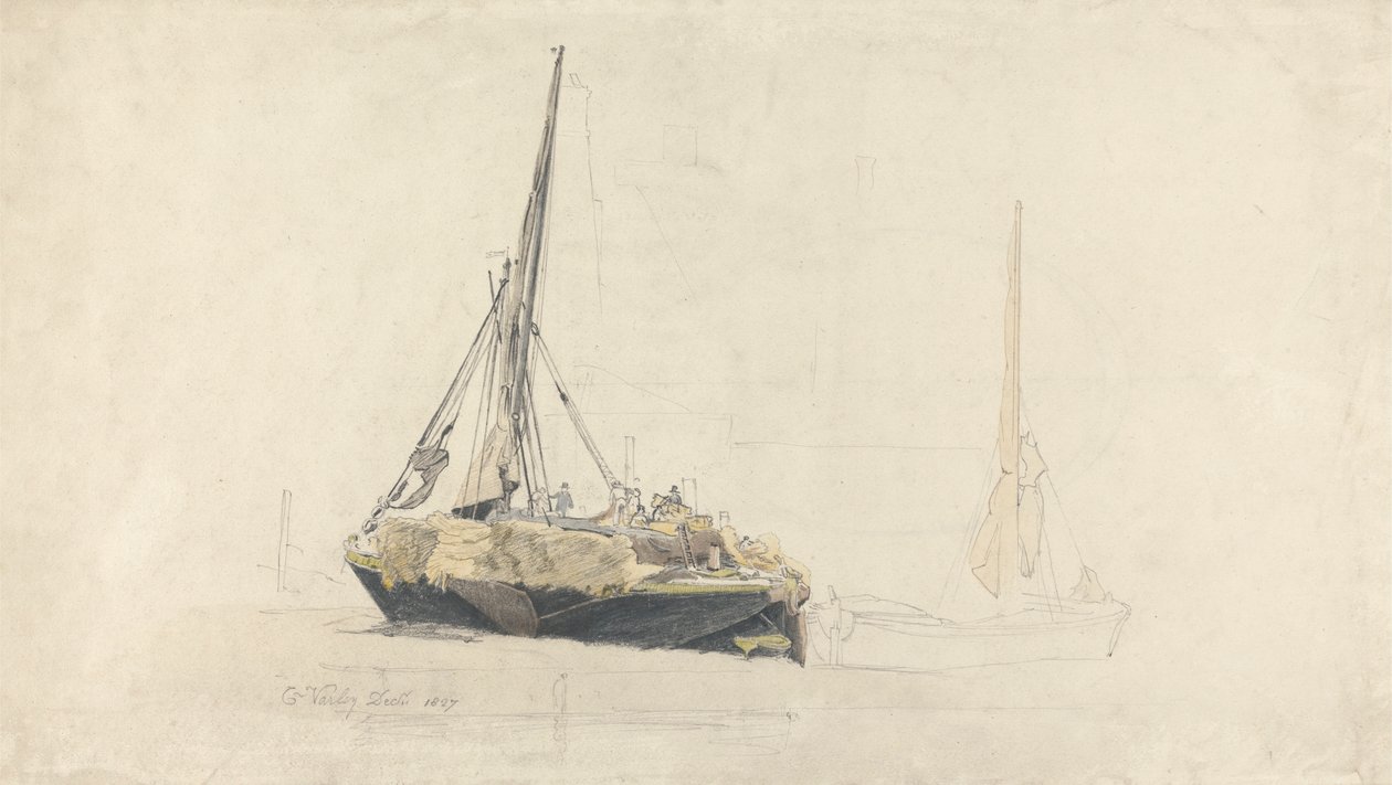 En segelpråm lastas med hö, december 1827 av Cornelius Varley