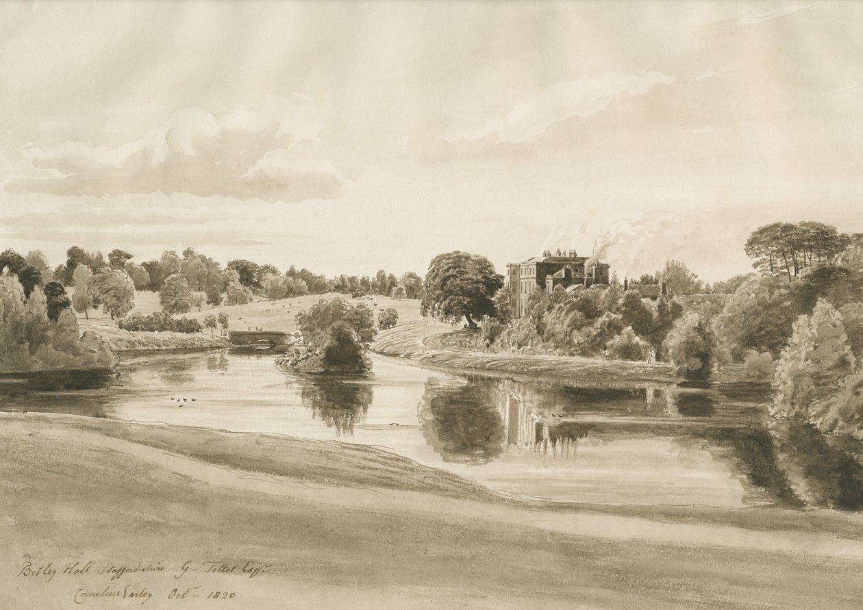 Betley Hall: sepiatvättteckning, okt 1820 av Cornelius Varley