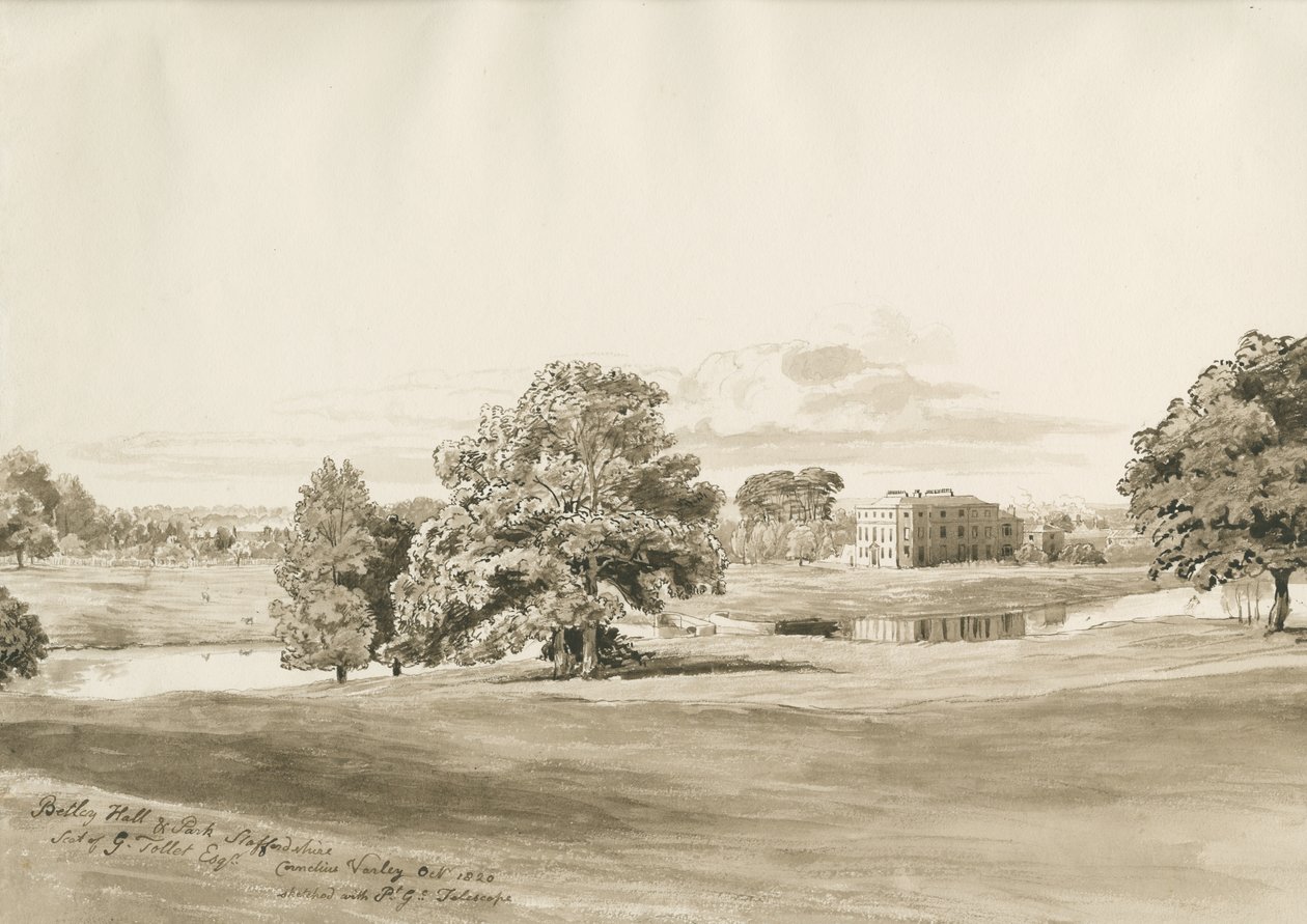 Betley Hall: sepiatvättteckning, okt 1820 av Cornelius Varley
