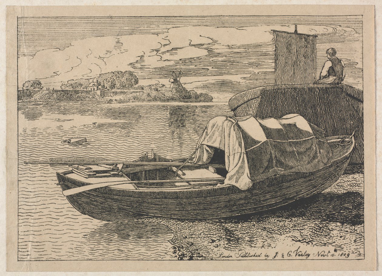 Båtar på en flod, väderkvarn på avstånd, 1809. av Cornelius Varley