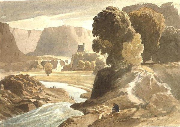 PD.4-1967 Bergigt landskap med ett slott (möjligen utsikt i Wales), c.1802-3 (akvarell & penna på papper) av Cornelius Varley
