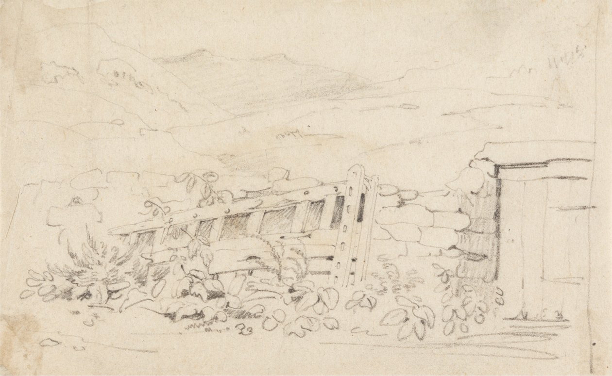 Studie av en stenmur och en port av Cornelius Varley