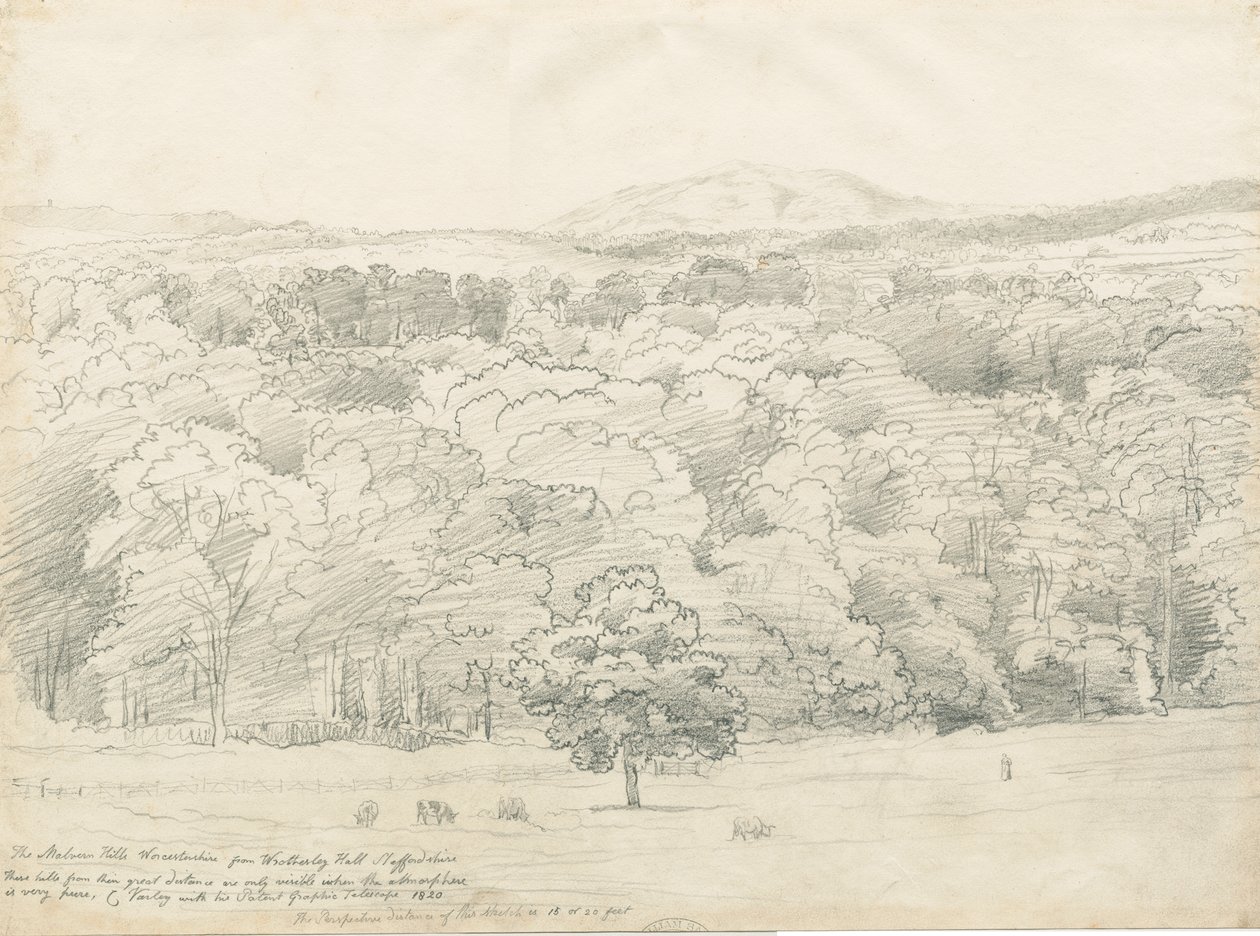 Wrottesley Hall - View of Malvern Hills: pencil drawing, 1820 av Cornelius Varley