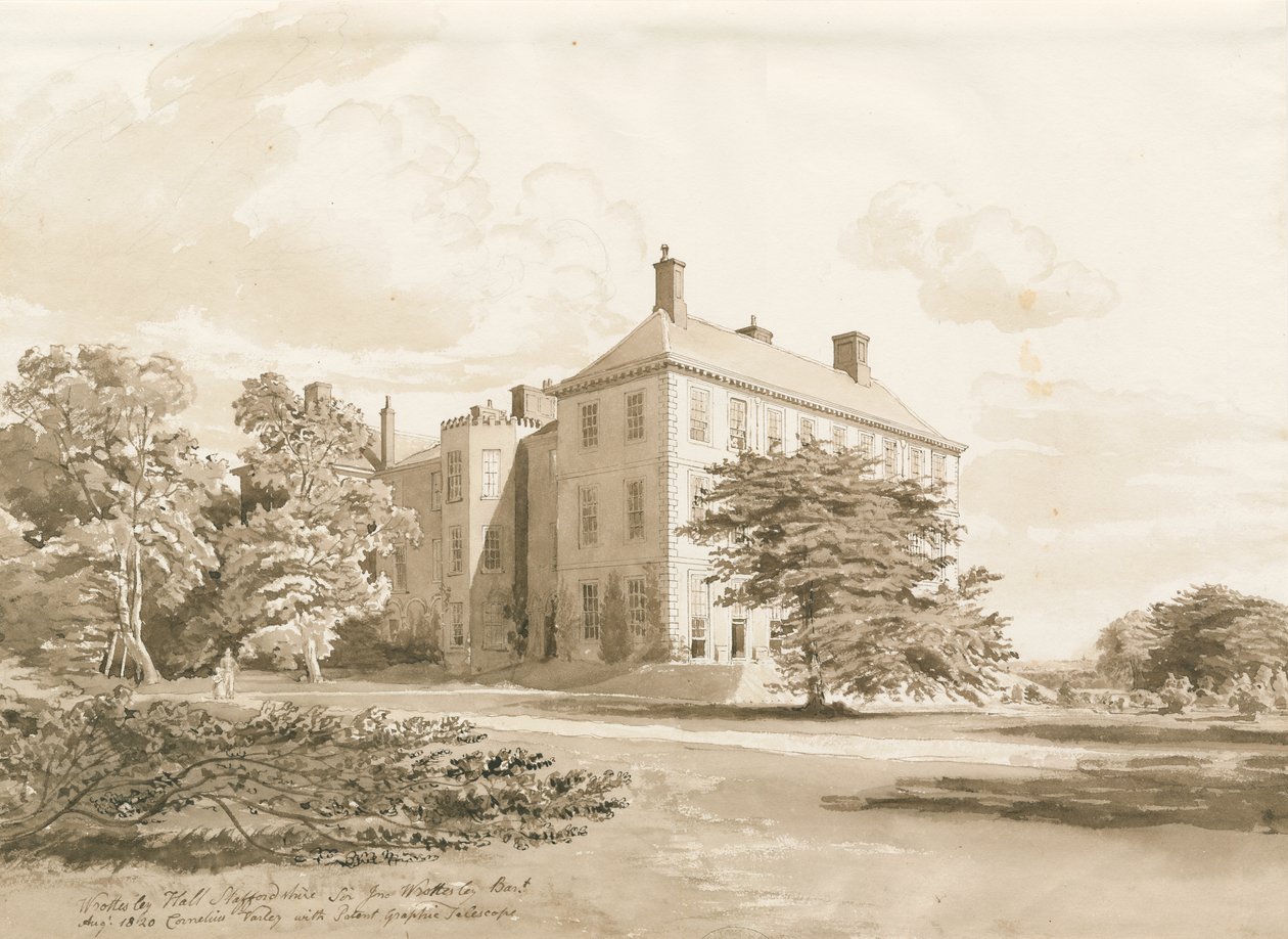 Wrottesley Hall: sepiateckning, augusti 1820 av Cornelius Varley