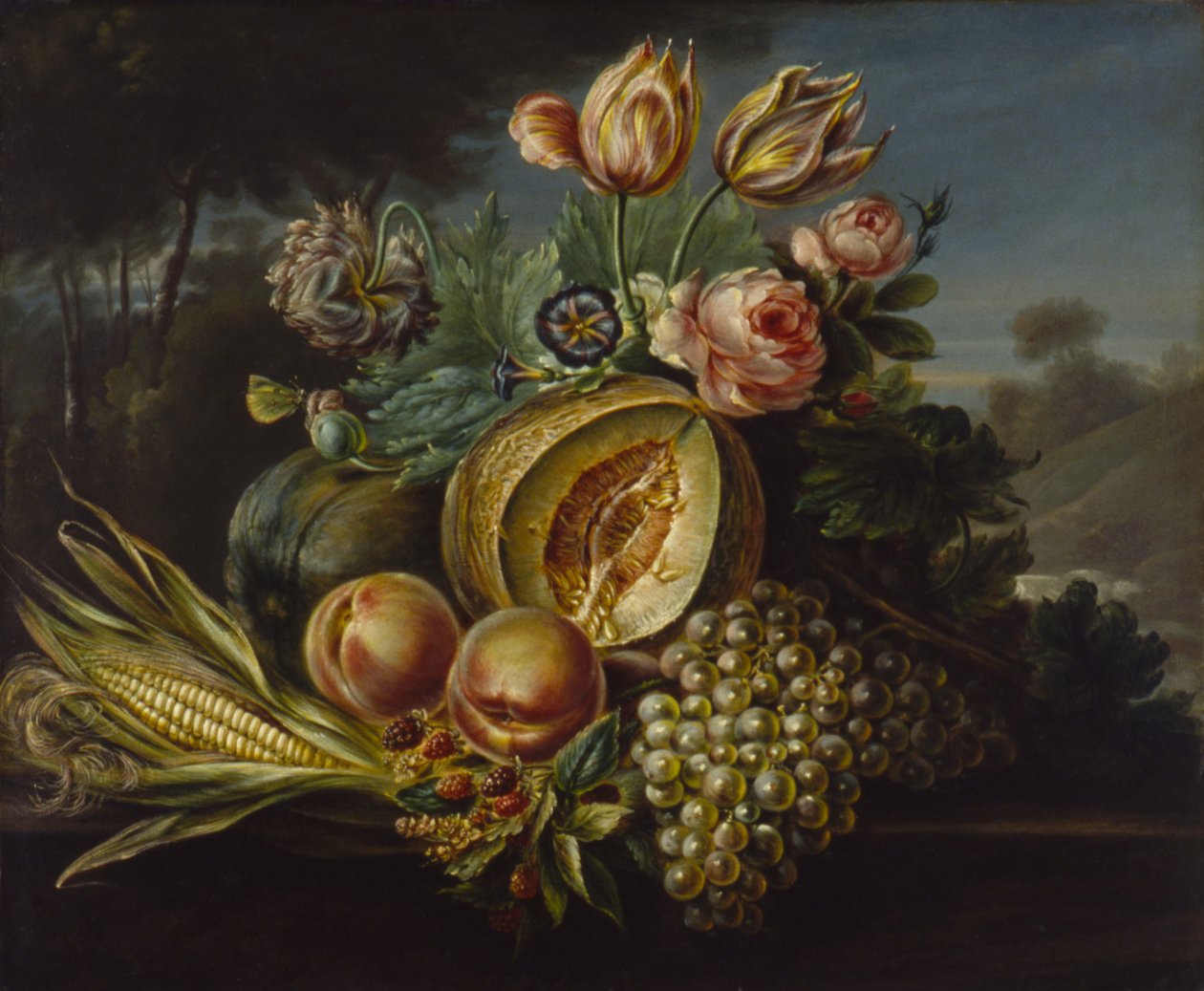 Stilleben med frukt och blommor av Cornelius de Beet
