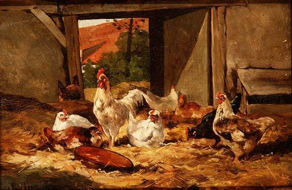 Kycklingar i en lada (en i ett par) av Cornelius van Leeputten