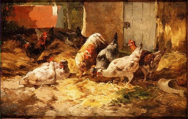 Kycklingar i en lada (en i ett par) av Cornelius van Leeputten