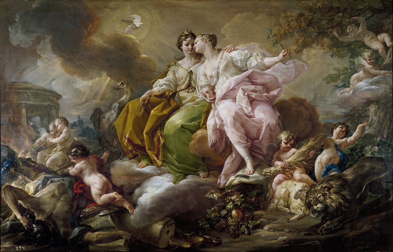 Rättvisa och fred - Målning av Corrado Giaquinto (1703-1766) - ca. 1754 - Olja på duk - 216x325 cm - Rokokokonst - Museo del Prado, Madrid av Corrado Giacquinto