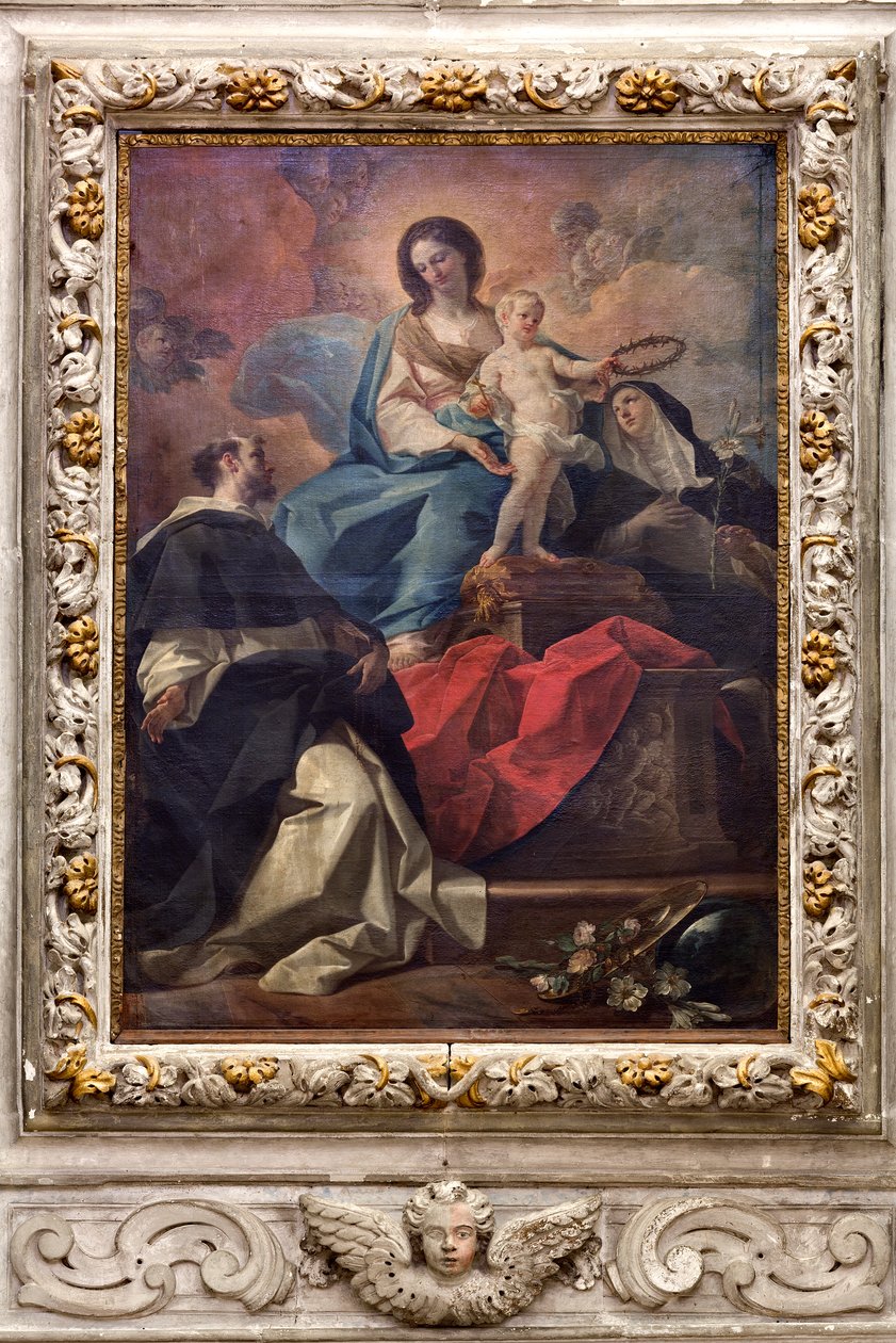 SS Salvatore-kyrkan, interiör, Rosenkransens altare, Vår Fru av Rosenkransen, målning av Corrado Giaquinto (1703-1766), Poggiardo, Lecce, Puglia (foto) av Corrado Giaquinto
