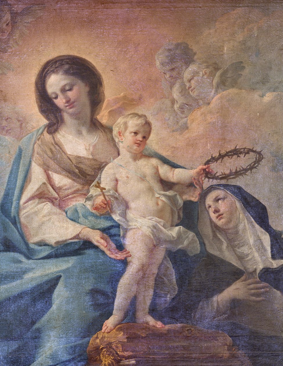 SS Salvatore-kyrkan, interiör, Rosenkransaltaret, Vår Fru av Rosenkransen, målning av Corrado Giaquinto (1703-1766), detalj, Poggiardo, Lecce, Puglia (foto) av Corrado Giaquinto
