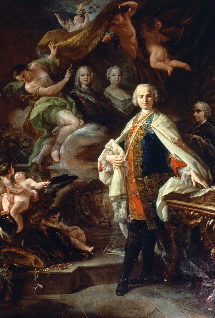 Den italienske kastraten Carlo Farinelli (Carlo Broschi, dit; 1705 - 1782), vid Filip II:s hov av Spanien, iklädd den vita rocken av Calatravaorden. Målning av Corrado Giaquinto (1703-1766), Civic Museum of Bibliographic Music, Bologna. av Corrado Giaquinto