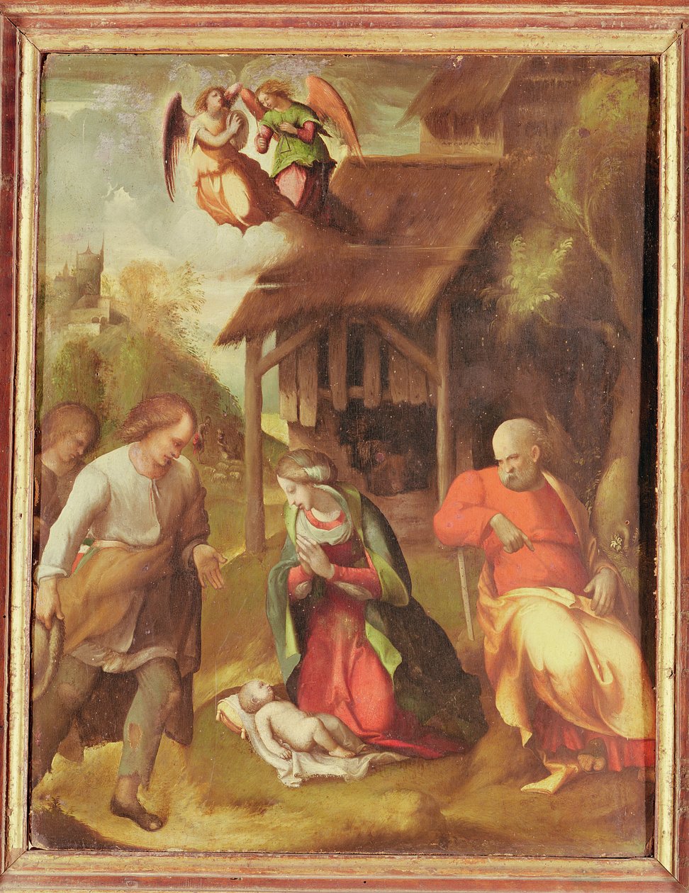 Tillbedjan av herdarna, 1516 av Antonio da Correggio