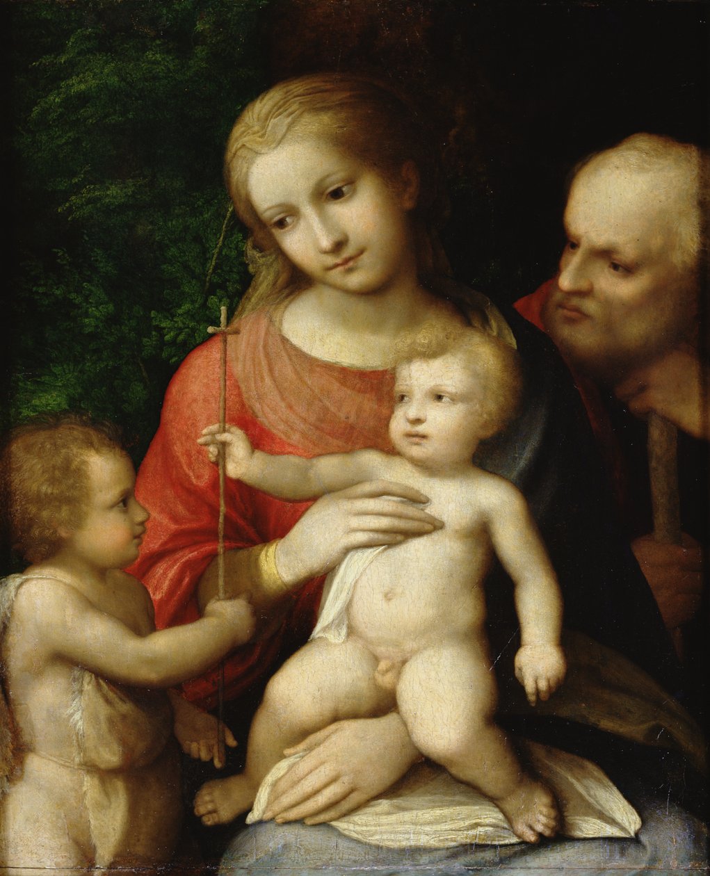 Jungfrun och barnet omgiven av Johannes Döparen och St Joseph, 1517 (olja på trä) av Antonio da Correggio