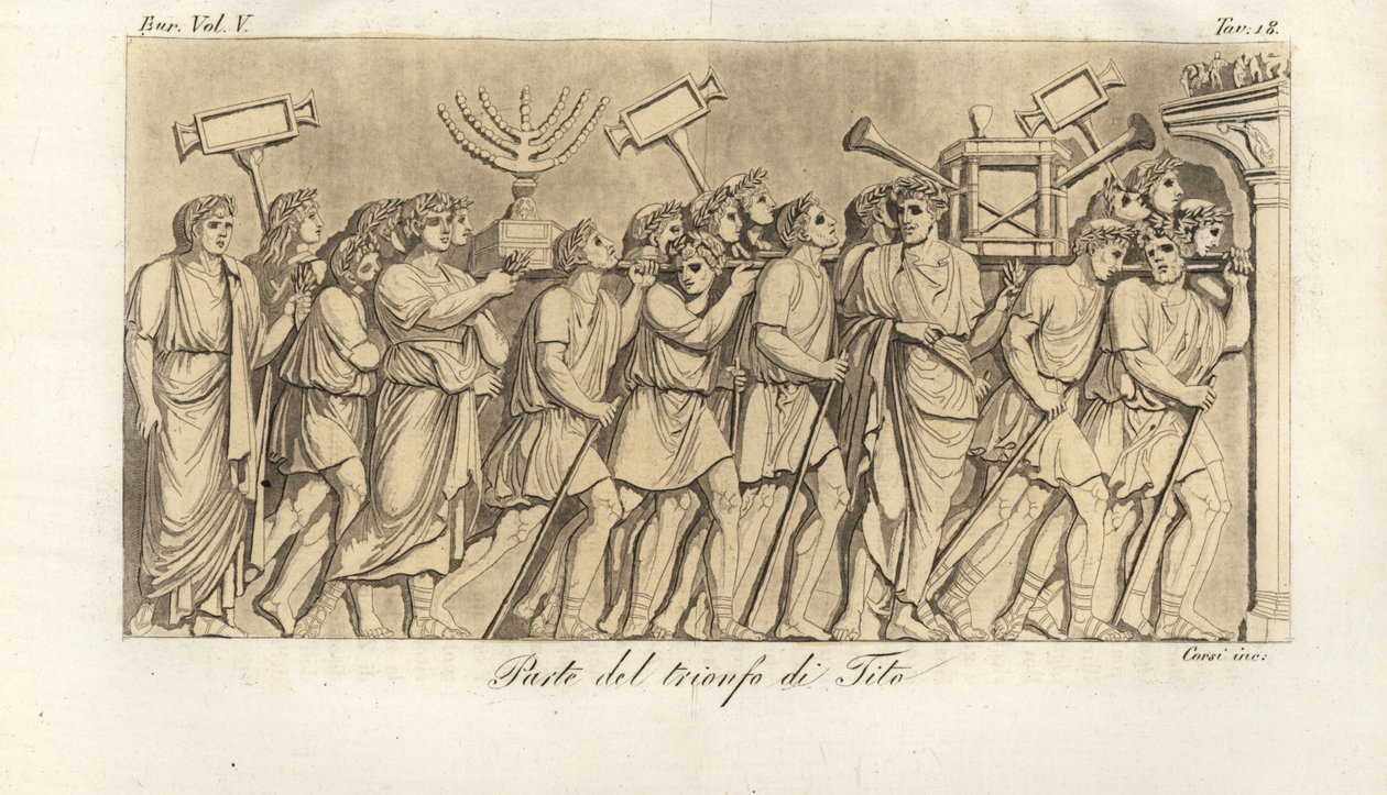 Romerska soldater marscherar i procession med krigsbyte eller spolia på Arch for Titus, triumfbågen som firar kejsar Titus seger över Jerusalem av Corsi Corsi