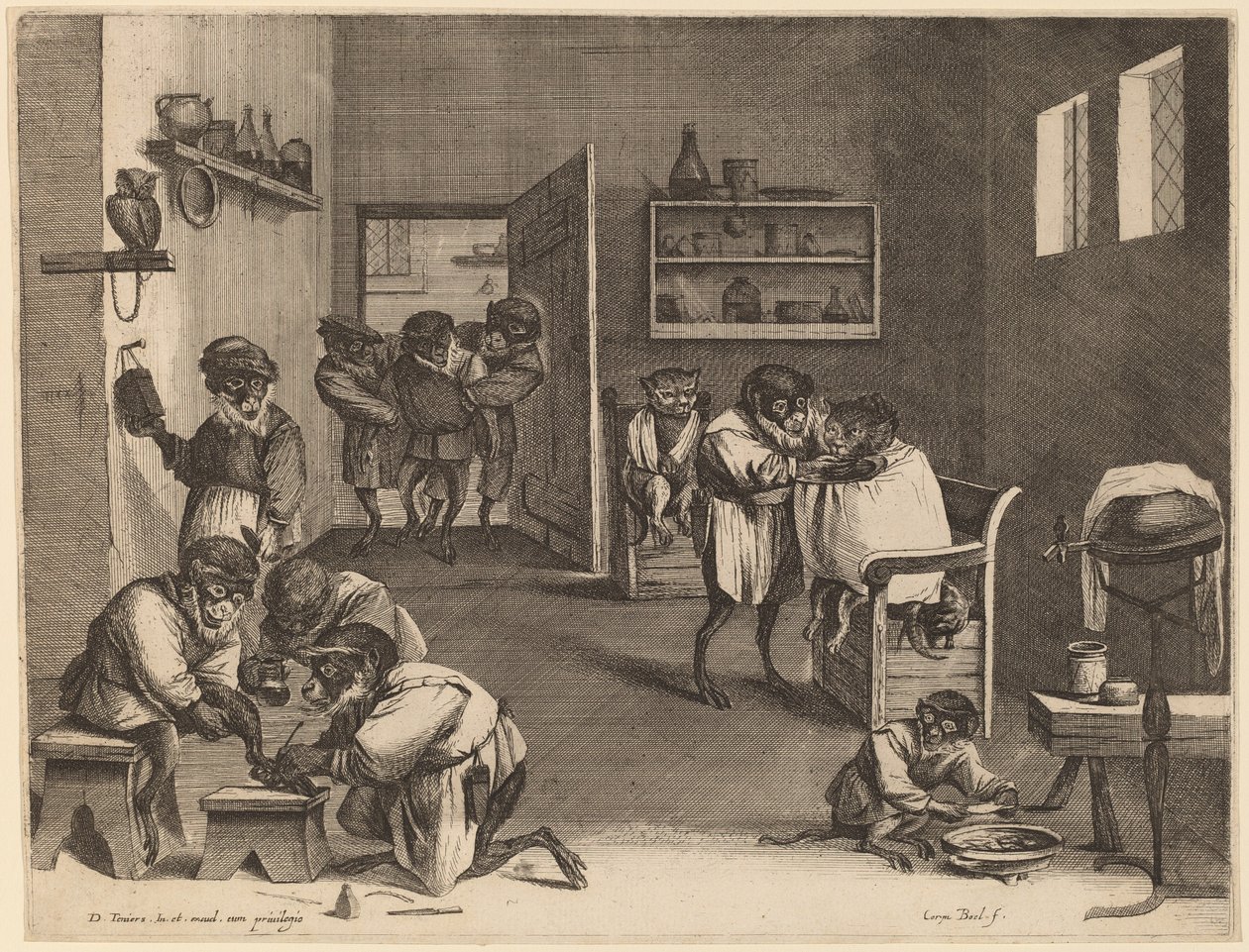 Apornas frisörsalong av Coryn Boel after David Teniers the Younger
