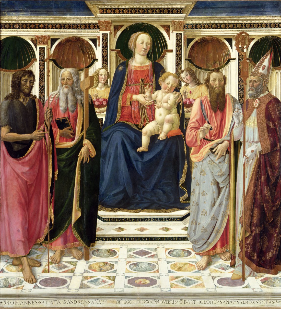 Jungfru och barn med SS. Johannes Döparen, Andreas, Bartolomeus och Zenobius, ca 1478 (tempera med guld på panel) av Cosimo Rosselli