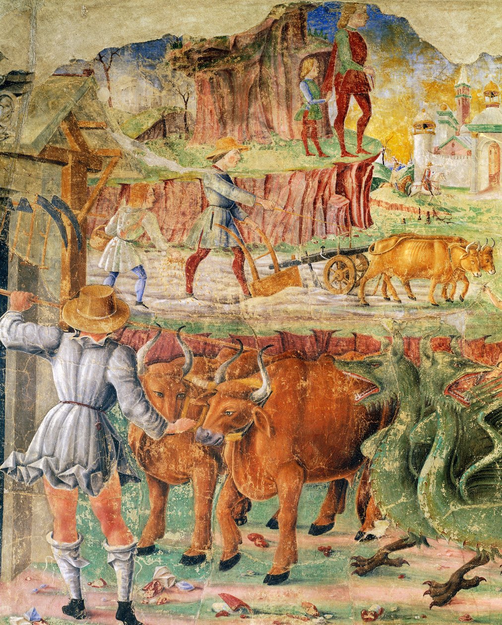 Jordbruksbild, detalj från Triumf av Ceres, scen från augusti månad, ca 1470, tillskriven Cosimo Tura och Mästare i Ercole, fresk, norra väggen, Månadernas Hall, Palazzo Schifanoia (Glädjepalatset), Ferrara, Emilia- Romagna. Italien av Cosimo (attr. to) Tura