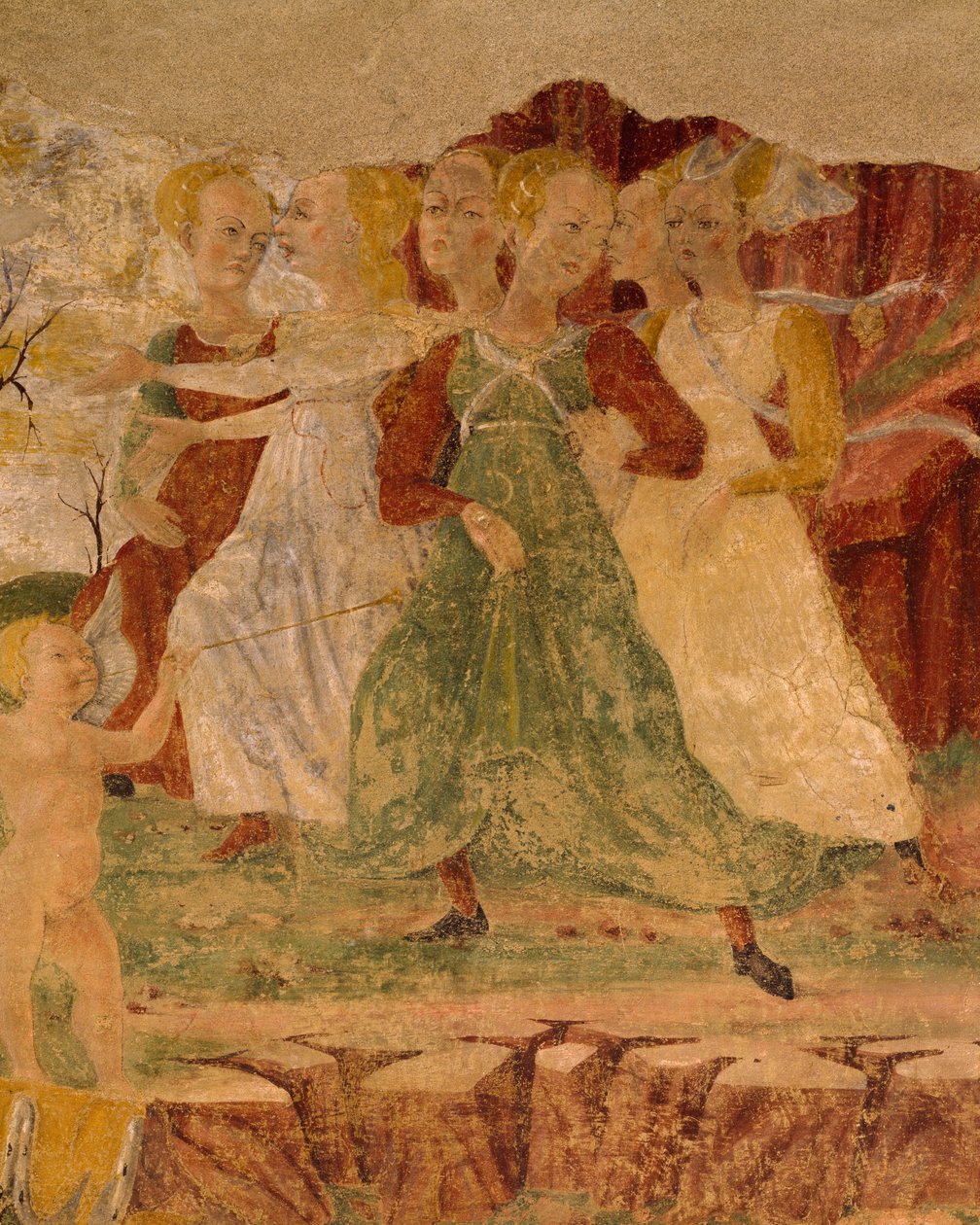 Desperation av pigor i Proserpine, detalj från Triumph of Ceres, scen från Augusti månad, tillskriven Cosimo Tura och Master of Ercole, fresk, norra väggen, Hall of Months, Palazzo Schifanoia (Palace of Joy), Ferrara, Italien, cirka 1470 av Cosimo (attr. to) Tura