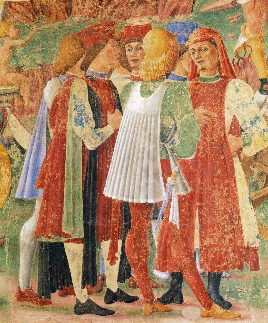 Grupp av köpmän, detalj från Triumph of Ceres, scen från augusti månad, tillskriven Cosimo Tura (cirka 1430-1495) och Mästaren i Ercole, fresk, norra väggen, Hall of Months, Palazzo Schifanoia (Glädjepalatset), Ferrara, Italien, cirka 1470 av Cosimo (attr. to) Tura