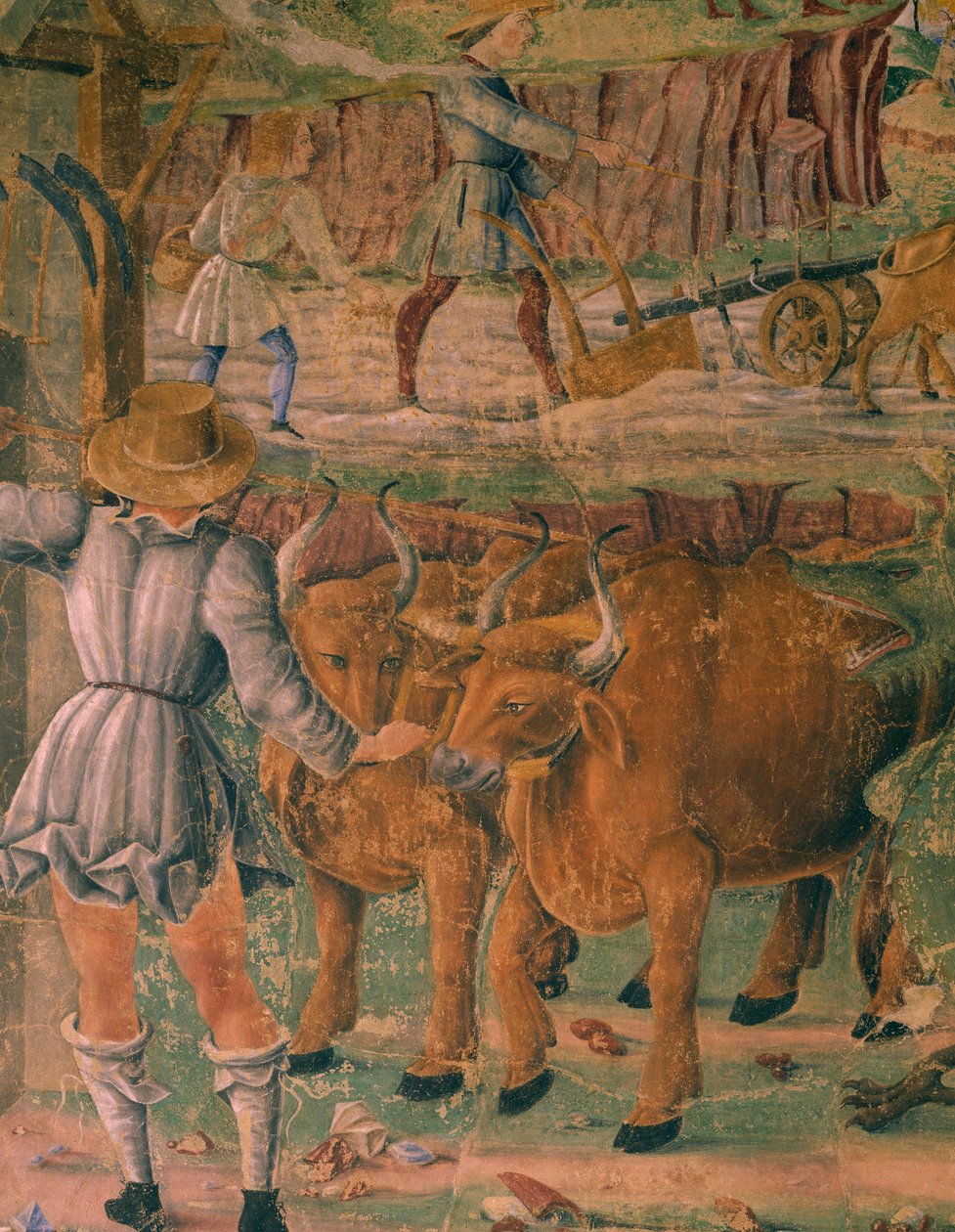 Bilder av livet på landet, detaljer från Triumph of Ceres, scen från augusti månad, tillskriven Cosimo Tura (cirka 1430-1495) och Master of Ercole, fresk, norra väggen, Hall of Months, Palazzo Schifanoia (Palace of Joy), Ferrara , Italien, cirka 1470 av Cosimo (attr. to) Tura