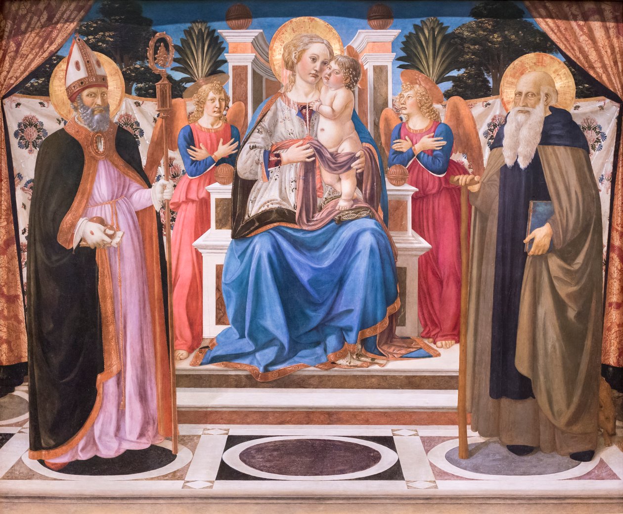 Madonna och barn på tron med änglar, Sankt Nikolaus och Sankt Antonius abboten av Cosimo Rosselli