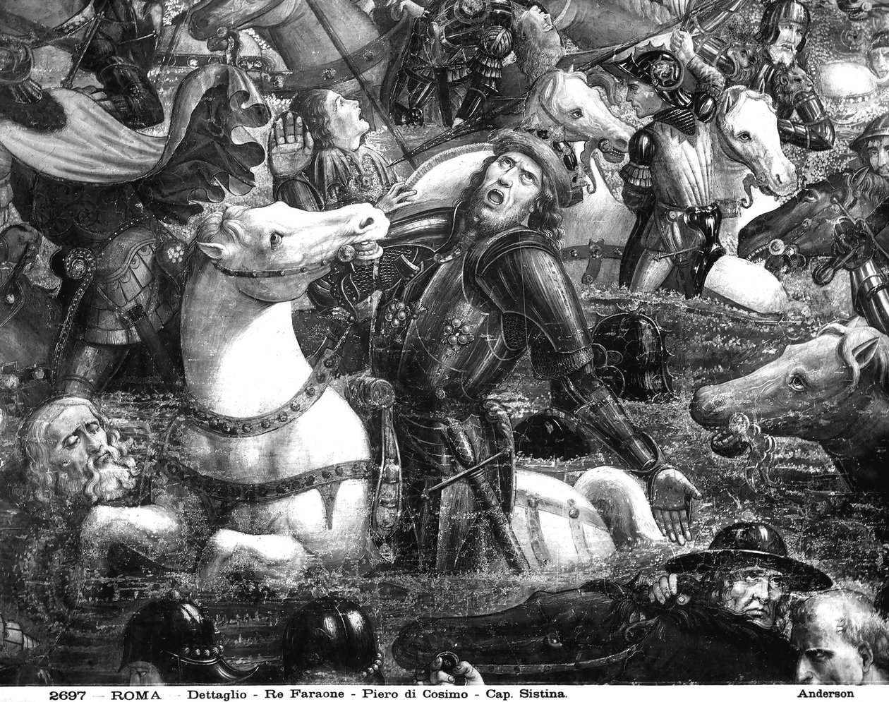 Korsningen av Röda havet, detalj av Farao till häst, från Sixtinska kapellet (fresk) (detalj av 242595) av Cosimo Rosselli