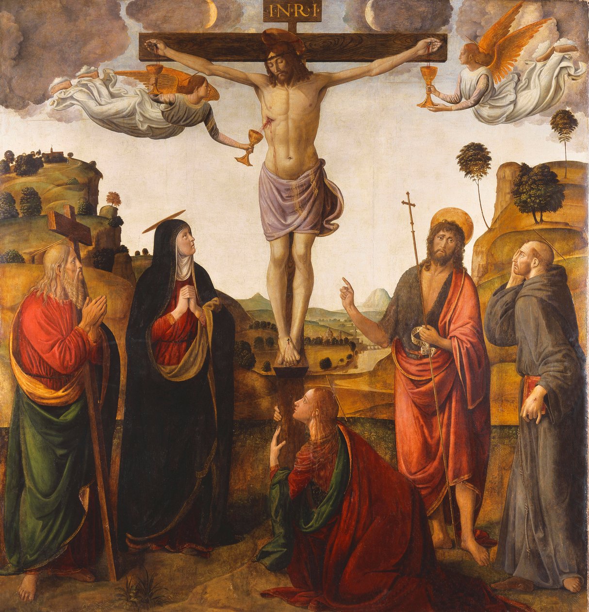 Korsfästelsen med Madonnan, de heliga Johannes Döparen, Maria Magdalena, Andreas och Franciskus, 1503 av Cosimo Rosselli