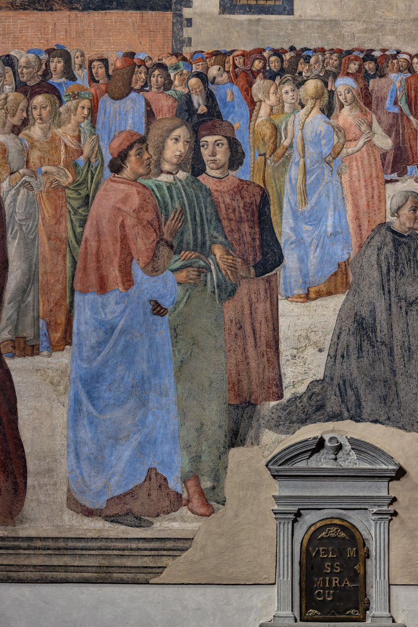 Gruppen av nyplatoniska humanister (från vänster, Marsilio Ficino, Giovanni Pico della Mirandola och Agnolo Poliziano): detalj av "Sakramentets mirakel", fresk (fresk) av Cosimo Rosselli