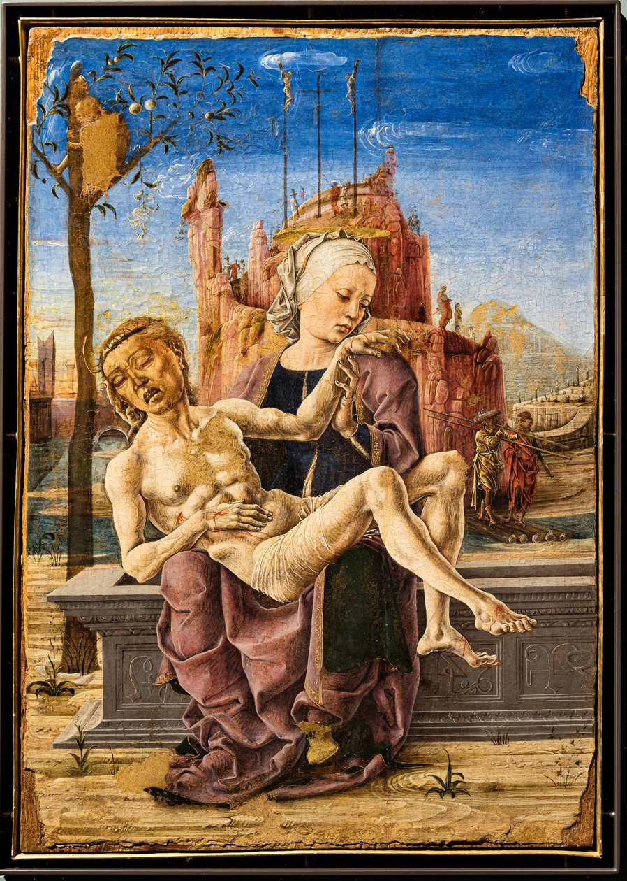 Klagosång, av Cosmé Tura, c.1460. I den övre vänstra delen av målningen visas en apa som håller fast vid grenarna på ett äppelträd. Det är en anspelning på det goda och ondas träd och på Djävulens frestelse i det jordiska paradiset. av Cosimo Tura