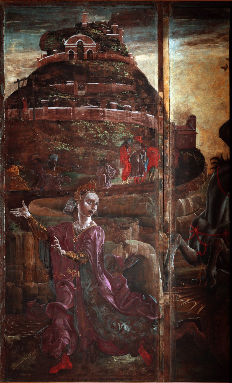 St George och draken, detalj av prinsessan - olja på panel av Cosimo Tura
