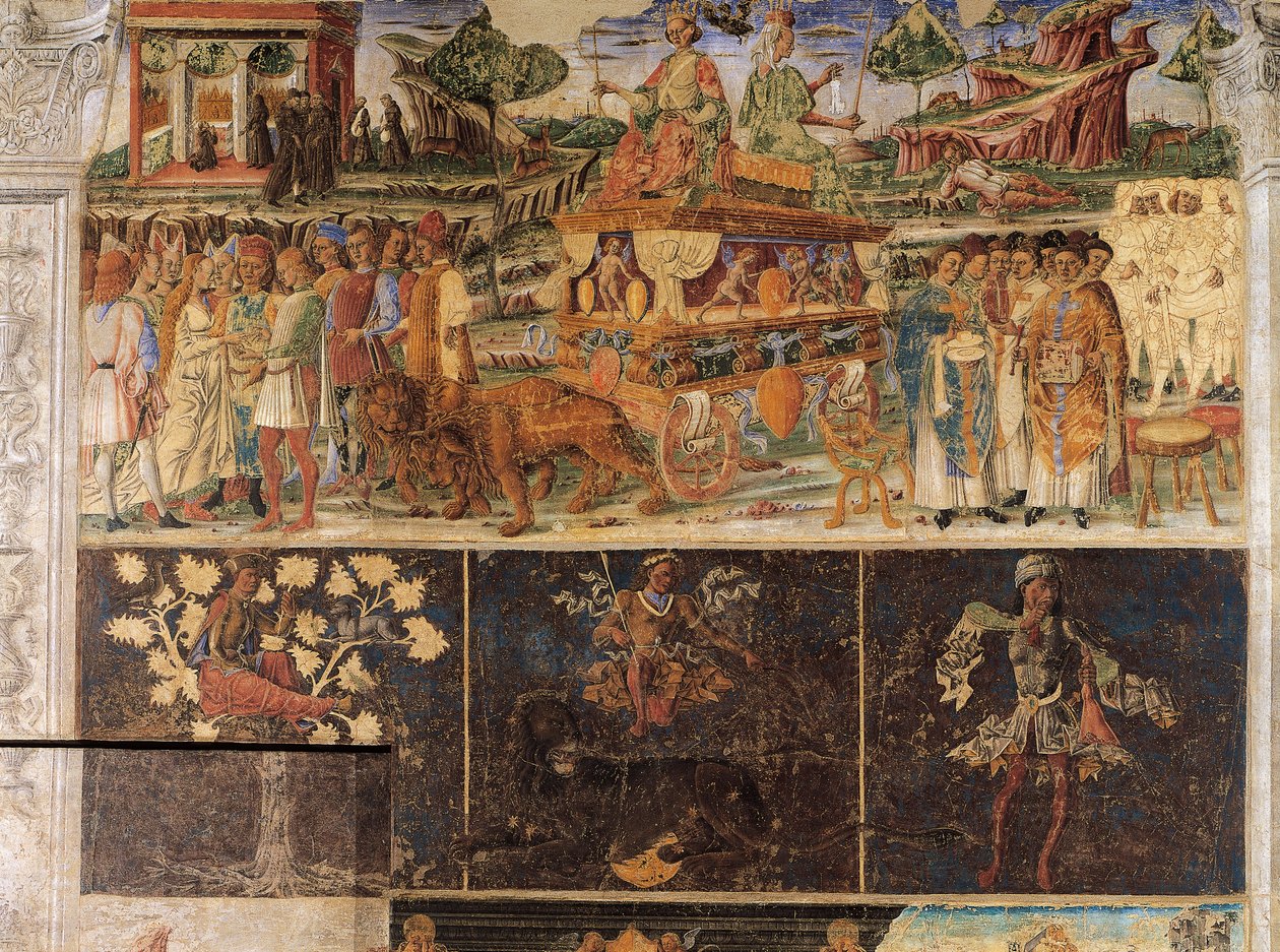 Triumf av Jupiter och Cybele och Lejonets tecken, scener från juli månad, fresk, norra väggen, Hall of Months, Palazzo Schifanoia (Glädjepalatset), Ferrara, Italien, cirka 1470 av Cosimo Tura