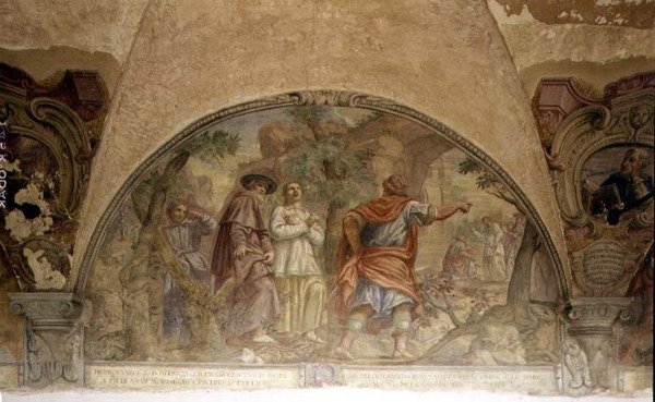 St. Dominic Omvandlar en kättare, lunett från freskcykeln av St. Dominicus liv, i St. Dominicus kloster, ca 1698 (fresk) av Cosimo Ulivelli