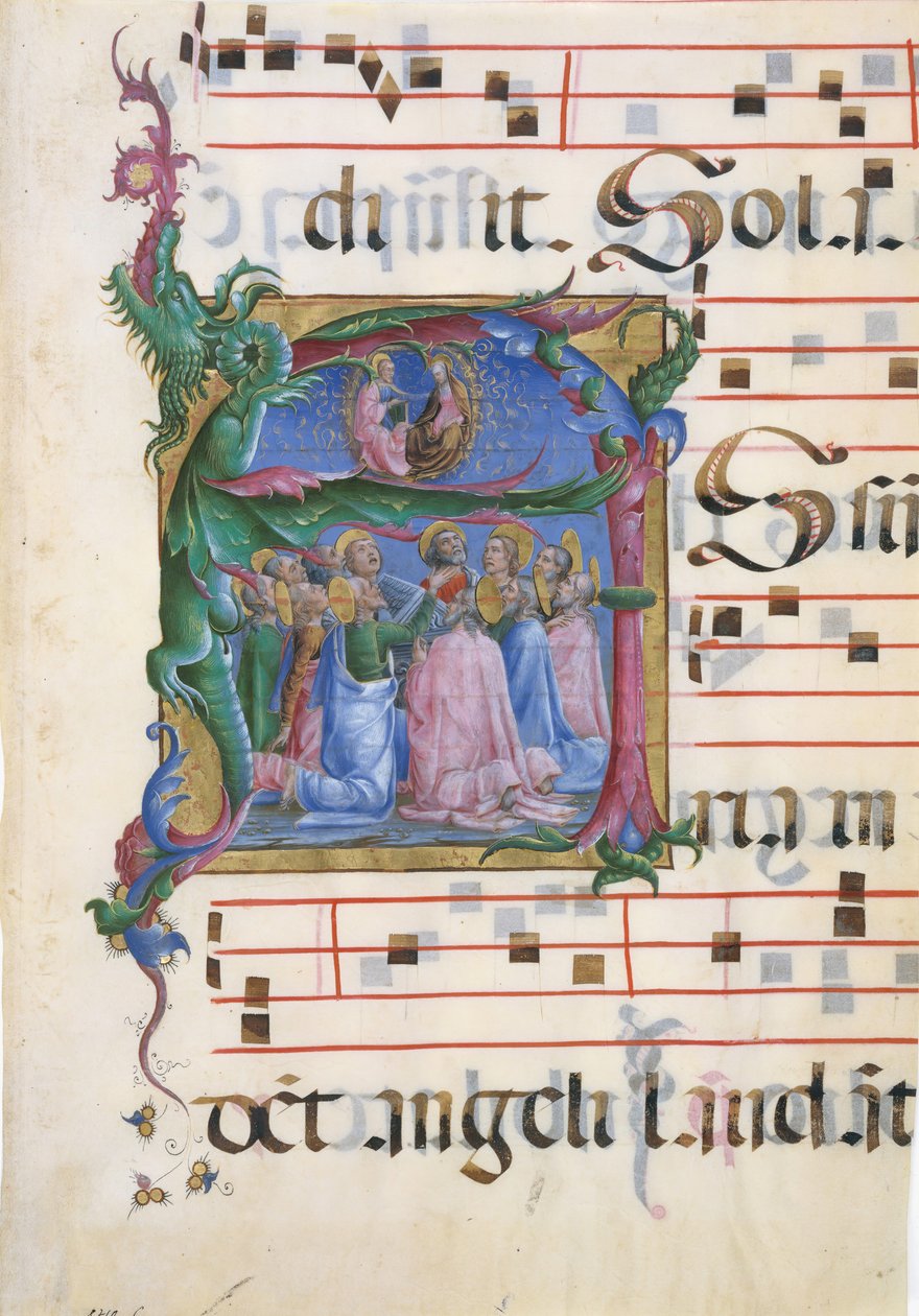 Manuskriptbelysning med jungfruns antagande i en initial A..., 1450-60. av Cosmè Tura