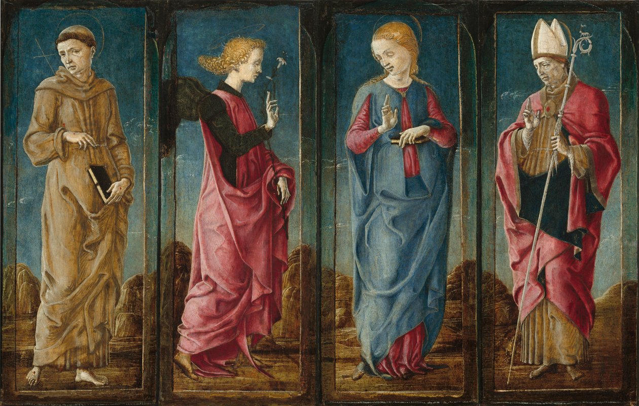 Bebådelsen med Saint Francis och Saint Louis av Toulouse [fyra paneler] av Cosmè Tura