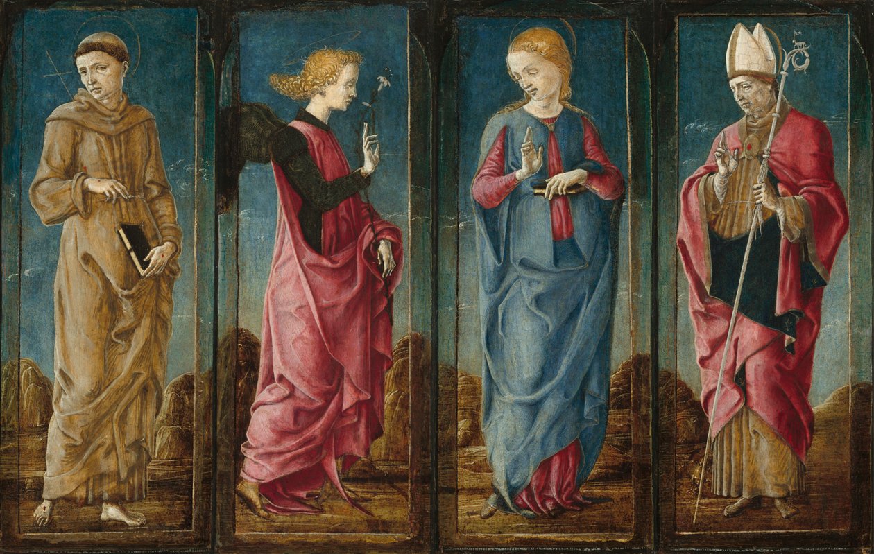 Bebådelsen med Saint Francis och Saint Louis av Toulouse [fyra paneler], ca. 14701480. av Cosmè Tura