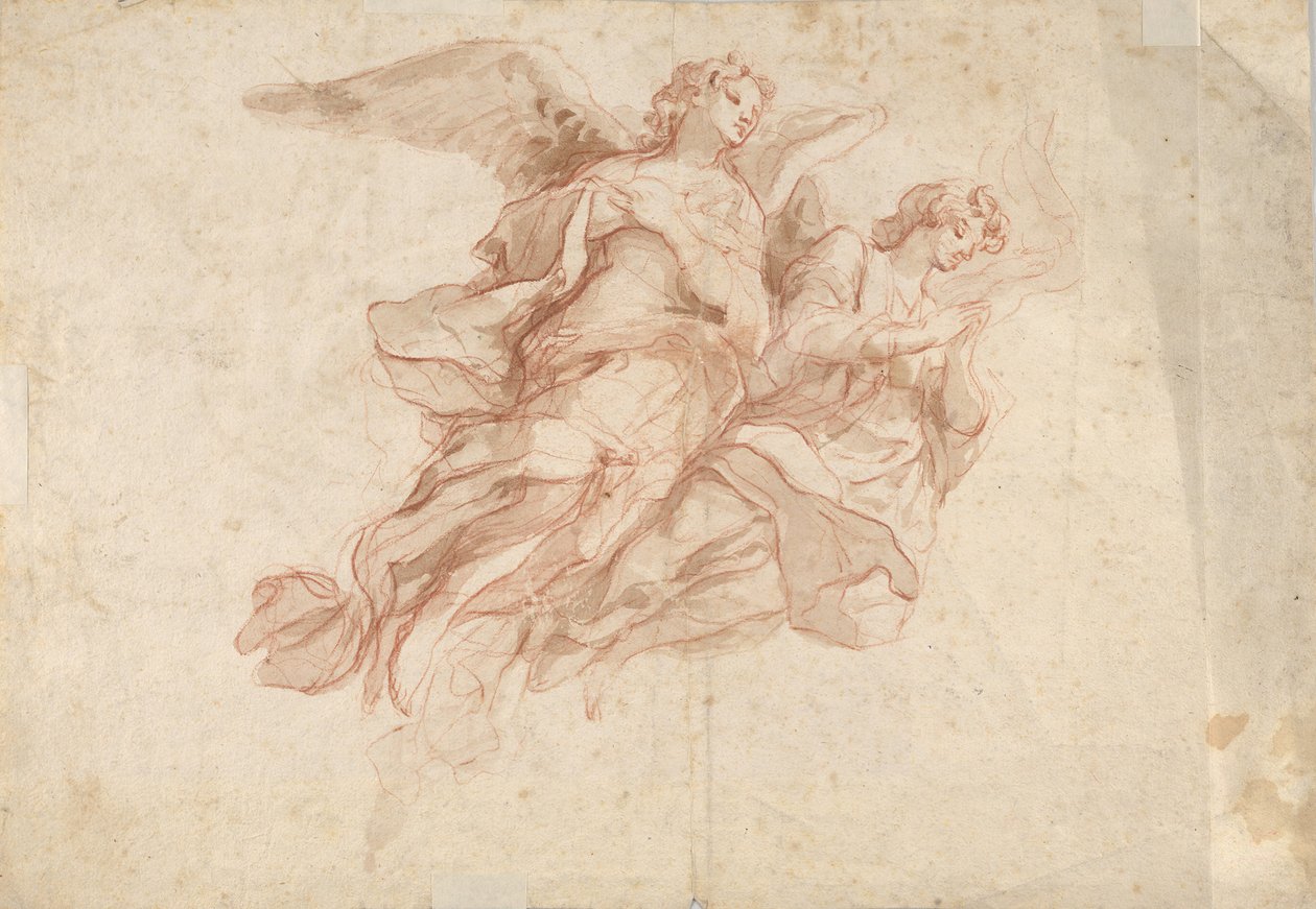 Två änglar som flyger, tergo: Gud Fadern sitter i molnen och en skiss av en flygande figur, c1720 av Cosmas Damian Asam
