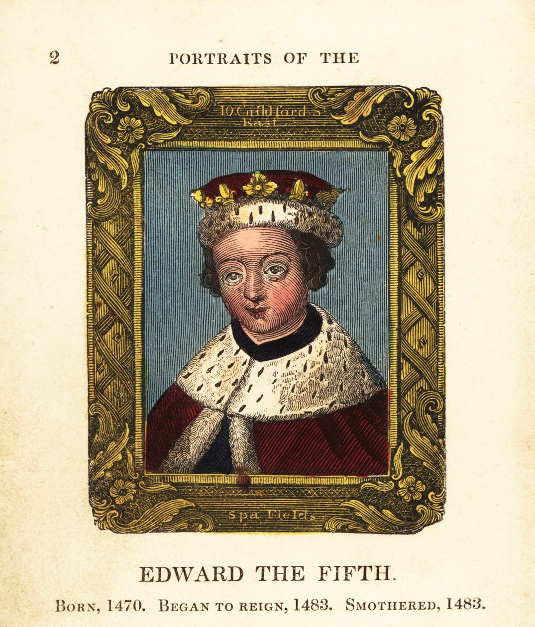 Porträtt av kung Edward den femte, Edward V av England, född 1470, började regeringstiden 1483 och kvävdes 1483 av Cosmo Armstrong