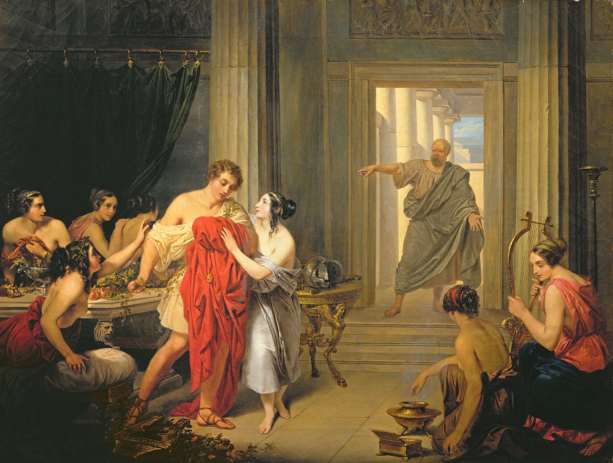 Alcibiades bland hetaerae (olja på duk) av Cosroe Dusi