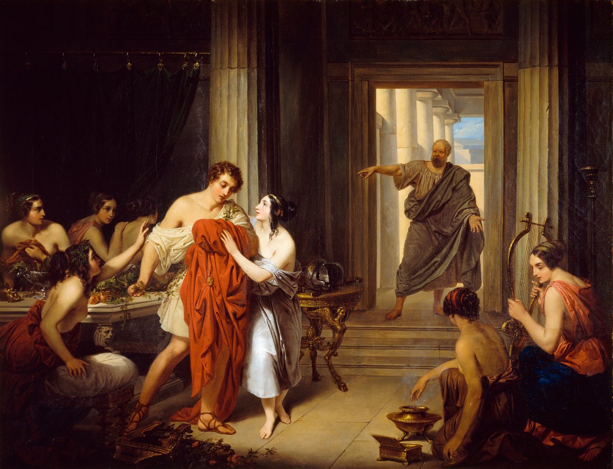 "Den grekiske filosofen Sokrates (470-399 f.Kr.) upptäcker den unge Alcibiade (450-404 f.Kr.) med en hetarie (grekisk prostituerad)" av Cosroe Dusi