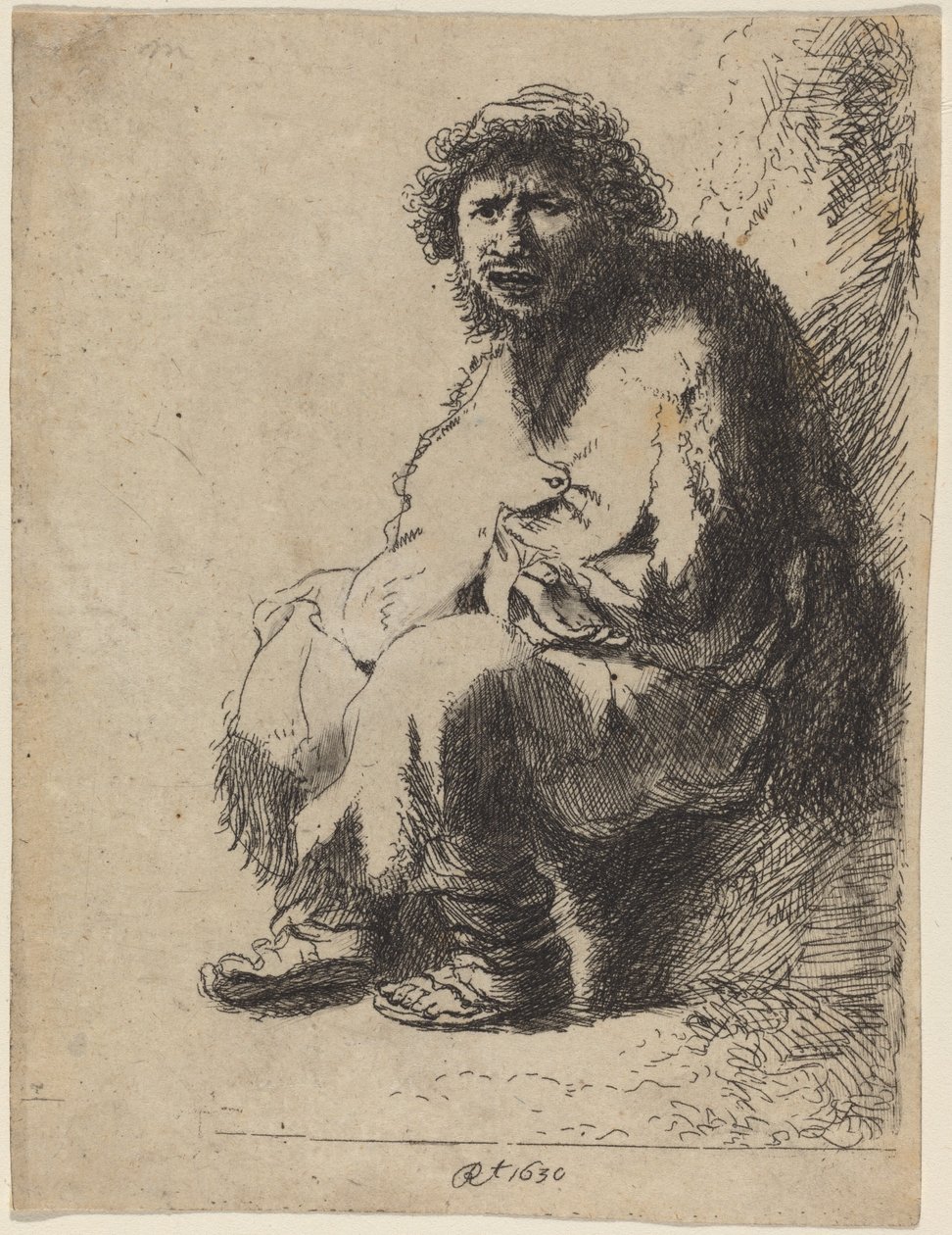 Tiggare som sitter på en bank av Costantino Cumano after Rembrandt van Rijn