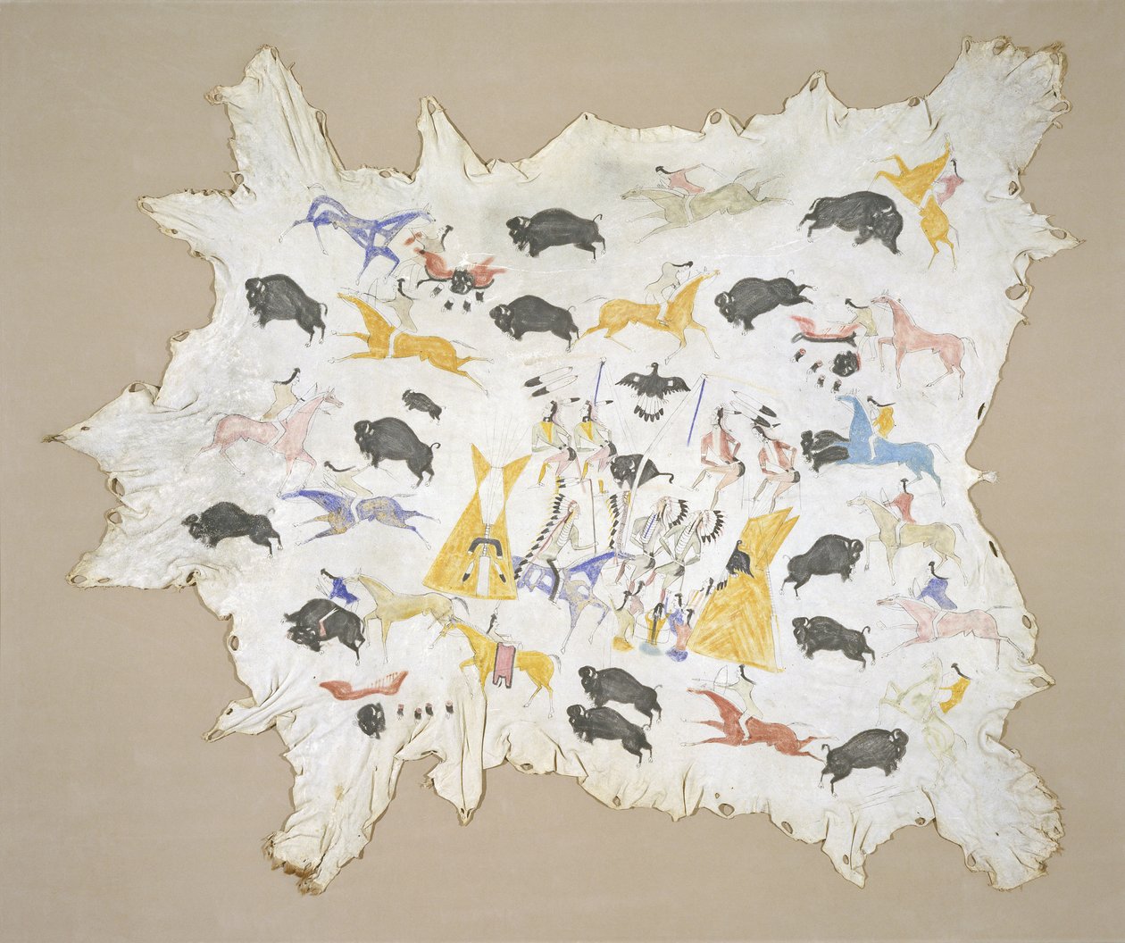 Scenes of Plains Indian Life, ca 1880 (pigment på älghud) av Cotsiogo