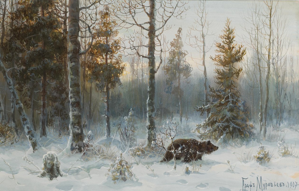 Vinterlandskap med björn, 1907 av Count Vladimir Leonidovich Muravyov