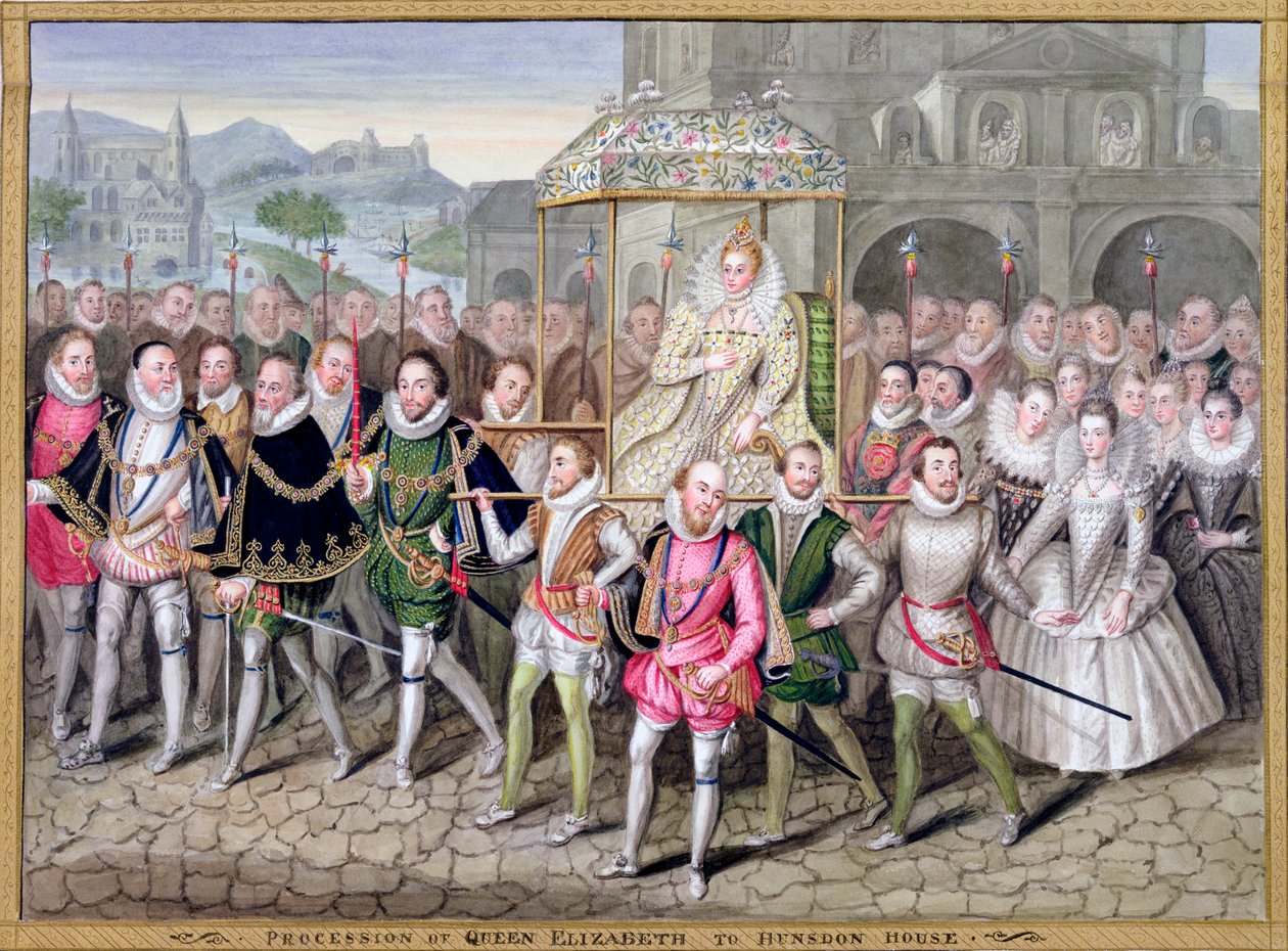 Drottning Elizabeth I i procession med sina hovmän, c1600-1603 1825 av Countess of Essex Sarah