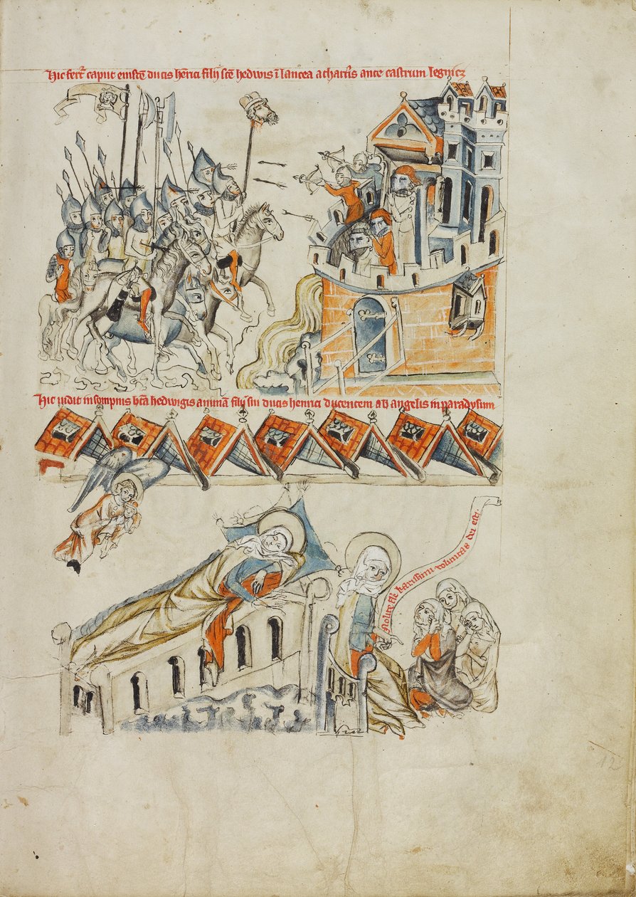 Tartarerna bär Heinrichs huvud framför slottet Liegnitz; den heliga Hedvig ser i en dröm sin sons själ föras till himlen av Court workshop of Duke Ludwig I of Liegnitz and Brieg