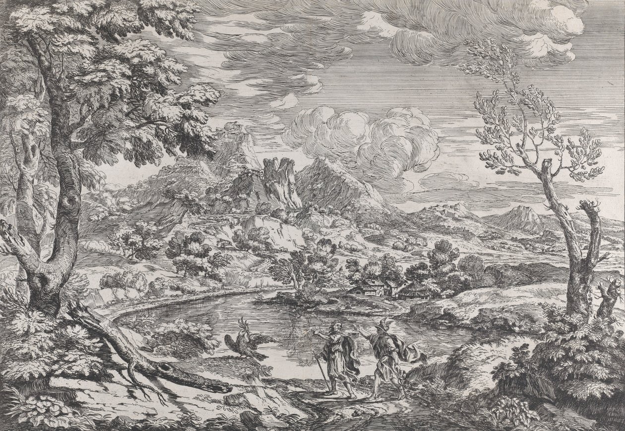 Landskap med en man som visar Merkurius Jupiters örn, ca. 1695-99. av Crescenzio Onofri